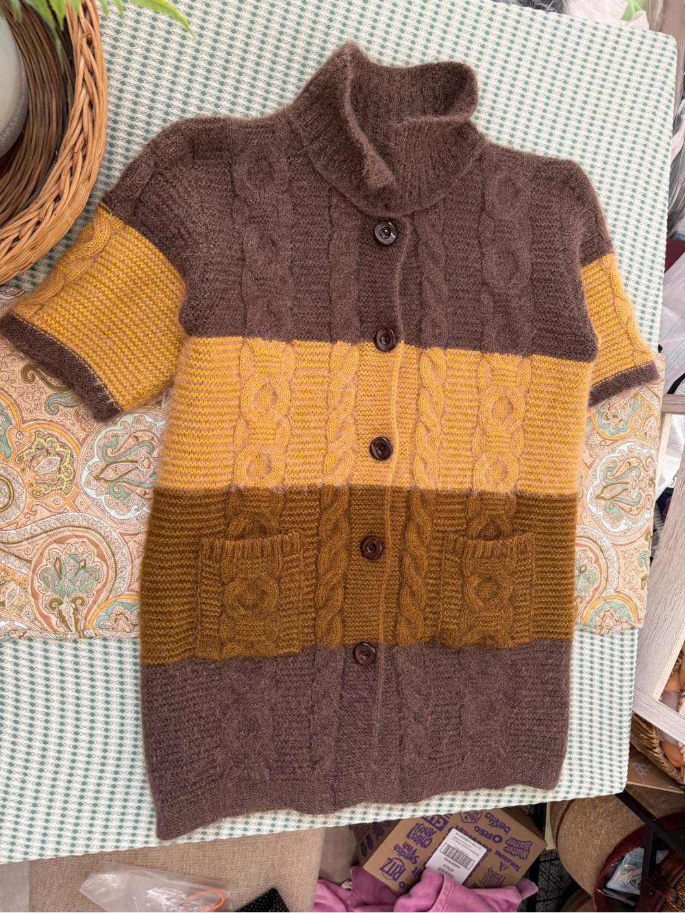 VTG Colorblock Cable Knit Short Sleeve Cardigan Brown Mustard Cottagecore Large - Picture 3 of 16
